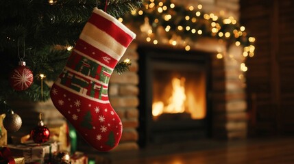 Obraz premium A cozy Christmas stocking hangs from a decorated tree near a glowing fireplace in a warm winter setting.