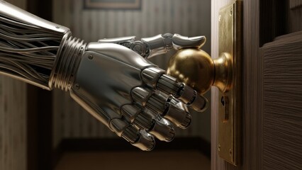 Futuristic bionic hand gripping classic brass door handle in cozy hallway interior, symbolizing accessible independence, assistive robotic prosthetics, and seamless everyday use of advanced technology