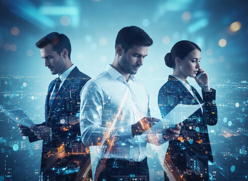 Corporate teamwork and global business concept. Professional team working with a futuristic night city double exposure. - Powered by Adobe