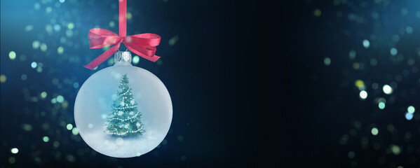 Christmas ball with fir tree inside and bokeh lights on greeting card