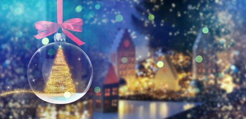 Merry Christmas and Happy Holidays greeting card with festive ball and bokeh lights