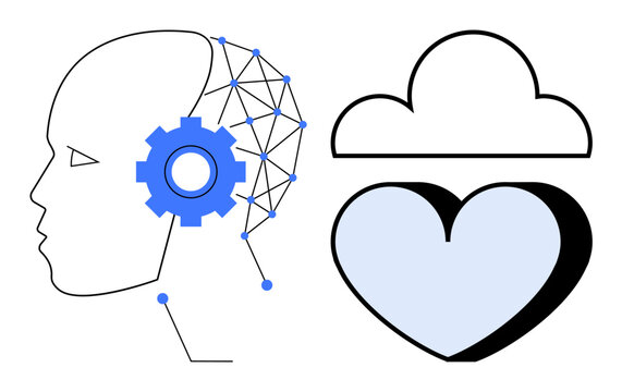 Profile head with neural connections and gear, next to cloud above heart. Ideal for innovation, AI, technology, emotions, decision-making, mental health and synergy. Simple flat metaphor