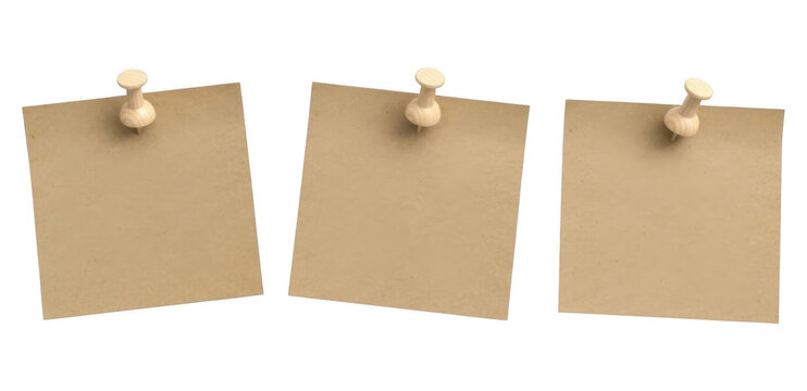 Three blank beige sticky notes with white push pins isolated on transparent background