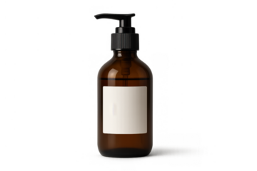 Amber glass dispenser bottle with pump showcasing custom label mockup for cosmetic liquid soap or shampoo