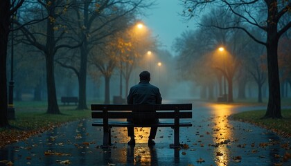 A lonely man sits on a bench in an autumn park during evening rain. A sad person feels solitude on a wet alley under streetlights. The guy experiences depression and melancholy outdoors alone.