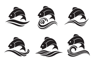 collection of abstract fish icon with waves isolated on white background