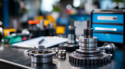 Automotive parts arrangement, workbench display, repair shop environment, component organization, mechanical service setting, professional workspace, defocused tool background , wi