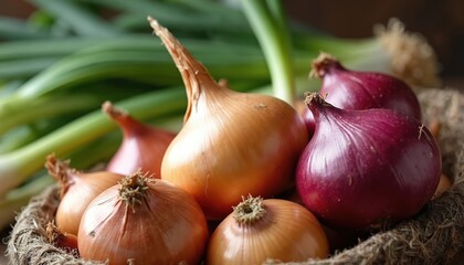 Fototapeta premium Red and yellow onions fill rustic basket with green onions in background. Fresh ripe vegetables arranged for cooking. Natural harvest bounty for healthy food prep. Simple farm produce display.