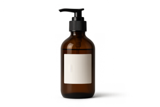 Amber glass dispenser bottle with pump showcasing custom label mockup for cosmetic liquid soap or shampoo