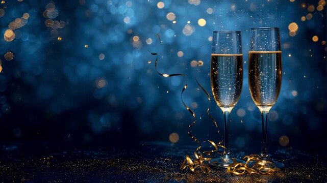 Two champagne flutes are sparkling amidst falling gold confetti against a backdrop of bokeh, a festive and elegant new year celebration