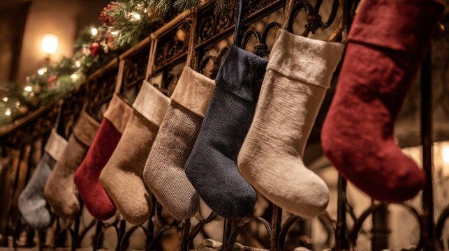 A row of Christmas stockings hangs on an ornate staircase railing, illuminated by warm soft lighting and adorned with festive greenery, creating a cozy holiday atmosphere.