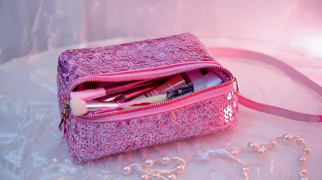 Open Pink Sequin Makeup Bag with Cosmetics and Brushes, Close-up, Glamorous, Beauty and Fashion Theme