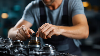 Technician maintenance work, engine component focus, detailed service procedure, internal combustion repair, skilled professional activity, mechanical expertise display, faceless w