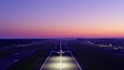 Aerial view of a runway with a plane at dusk. Purple sky and lights