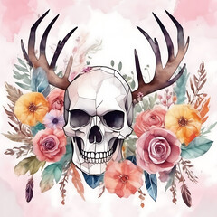 Watercolor skull with antlers and floral arrangement on a pink background