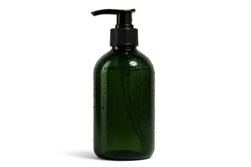 Green pump dispenser bottle with liquid soap, an essential item for bathroom hygiene and handwashing on transparent background