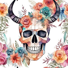 Watercolor skull with flowers and horns, Day of the Dead art