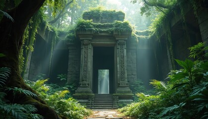 Naklejka premium Illustration presents ancient temple ruin swallowed by rich jungle vegetation. Sunlight beams through the doorway. Stone building in tropical forest is a place of mystery
