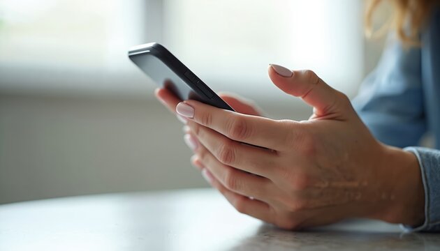 Woman types message on modern smartphone. Hands hold mobile device, fingers touch screen. Female uses tech, connects online. Soft light, neutral background.