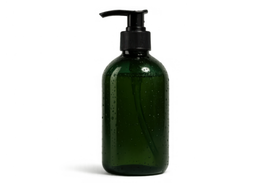Green pump dispenser bottle with liquid soap, an essential item for bathroom hygiene and handwashing on transparent background