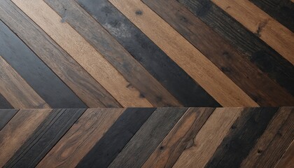 Close up photo of chevron pattern wood flooring. Various wooden planks with natural grain create a dynamic texture. Modern design element for interior projects.