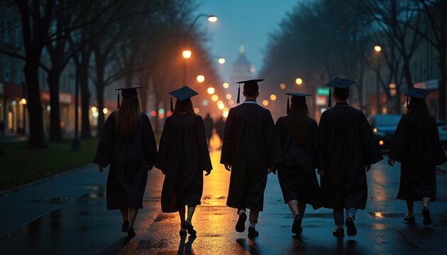 Graduates in caps and gowns walk at night on a wet city street. They celebrate academic achievement and the start of their future paths after college. Many lights glow.