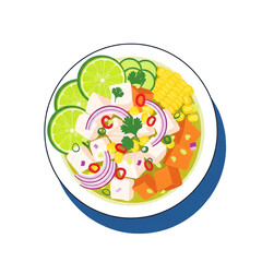 Fototapeta premium 'Colorful illustration of a vibrant ceviche dish featuring lime slices, diced fish, corn kernels, red onions, and cilantro, wit...
