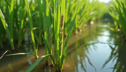 Fototapeta premium Close up photo of rice plant in flooded paddy field. Green rice crop grows in water. Agriculture farming concept. Plant disease in rice field. Rice production at farm.