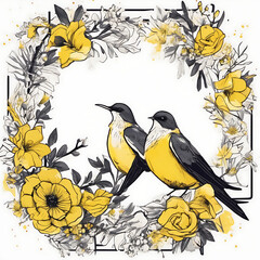 Watercolor birds perched in a floral wreath with yellow flowers