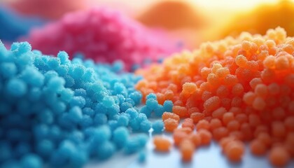 Colorful polymer granules basic plastic components used in manufacturing. Blue orange, pink pellets show raw materials for industrial production. Tiny beads form abstract background. Tiny balls piled