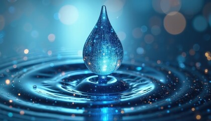Blue water drop with circuit board pattern floats above rippling water surface with light bokeh effects. Represents digital technology, data analysis, future innovation in environmental science,