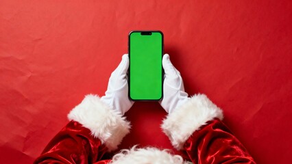 Minimal Christmas banner Santa holding smartphone with green screen