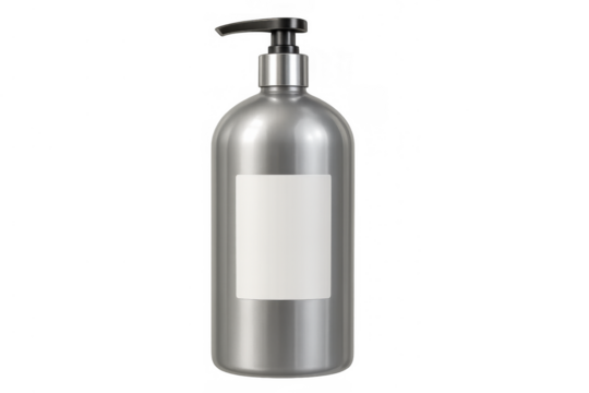 Silver metallic pump bottle with blank label, mockup for soap, lotion, and cosmetic products on transparent background