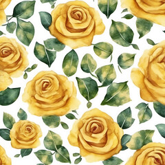 Watercolor floral pattern of yellow roses and green leaves on a white background