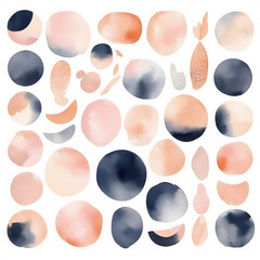 Abstract watercolor shapes in blush, navy, and peach tones on white background