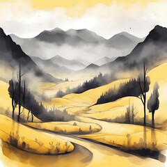 Watercolor landscape of rolling hills, mountains, and a winding road