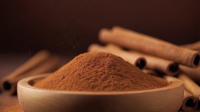 Close-up shot of a wooden bowl filled with cinnamon powder and cinnamon sticks in the background