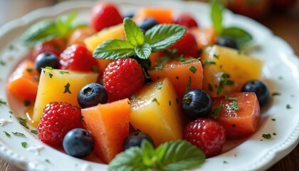 Close up photo of fresh colorful fruit salad on a white plate. Raspberries blueberries cantaloupe and watermelon slices are visible. Mint leaves garnish the delicious meal.