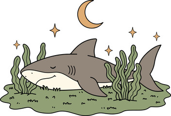 Cute Sleeping Shark Under the Moonlight with Seaweed

