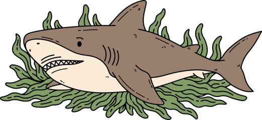 Hand-Drawn Cartoon Shark in Green Seaweed
