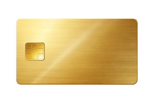 Brushed metallic gold credit card, with integrated chip and rounded corners, cutout, PNG, isolated on white or transparent background, AI