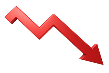 3D Red Downward Arrow Symbol, indicating decline and loss, cutout, PNG, isolated on white or transparent background, AI