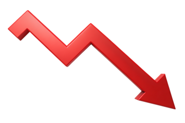 3D Red Downward Arrow Symbol, indicating decline and loss, cutout, PNG, isolated on white or transparent background, AI