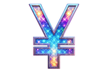 Glowing Yen Symbol, with starbursts and metallic edges, cutout, PNG, isolated on white or transparent background, AI