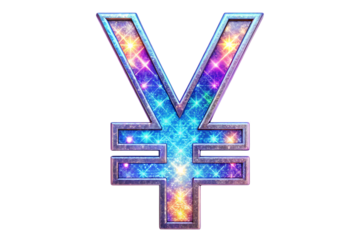 Glowing Yen Symbol, with starbursts and metallic edges, cutout, PNG, isolated on white or transparent background, AI