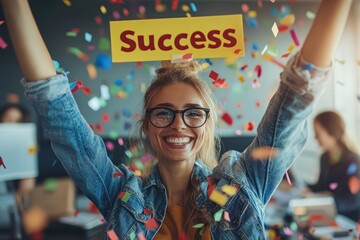 Celebrating success in office environment. Young woman with arms raised in happiness, confetti falling around her, holding a sign that says "Success".