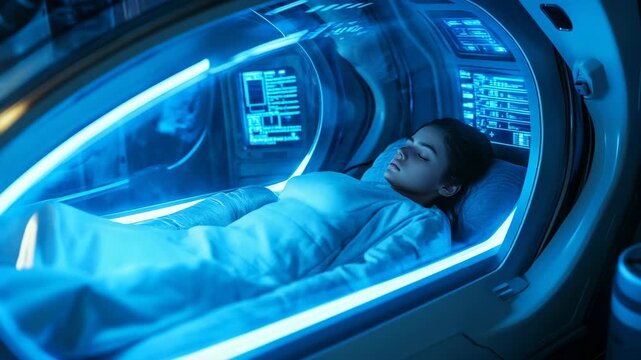 A female character embodies futuristic themes in science and engineering within cyberspace, thriving in advanced technology, specifically living in a space pod that reflects her innovative spirit