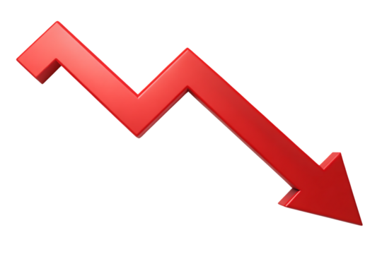 3D Red Downward Arrow Symbol, indicating decline and loss, cutout, PNG, isolated on white or transparent background, AI