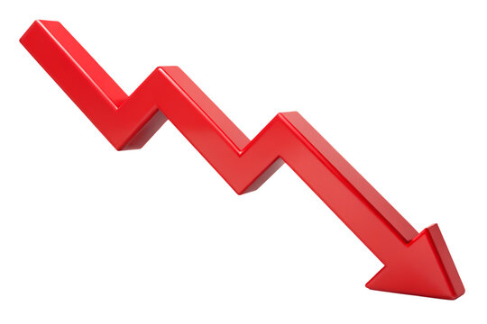 3D red arrow graph, indicating financial decline and downward trend, cutout, PNG, isolated on white or transparent background, AI