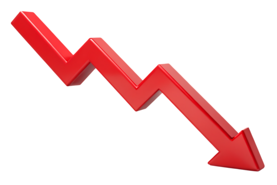 3D red arrow graph, indicating financial decline and downward trend, cutout, PNG, isolated on white or transparent background, AI